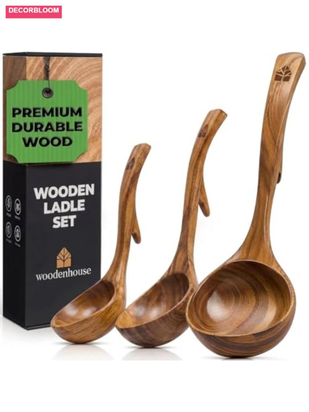 3-Piece Teak Wood Ladle Set with Back Hooks for Soup